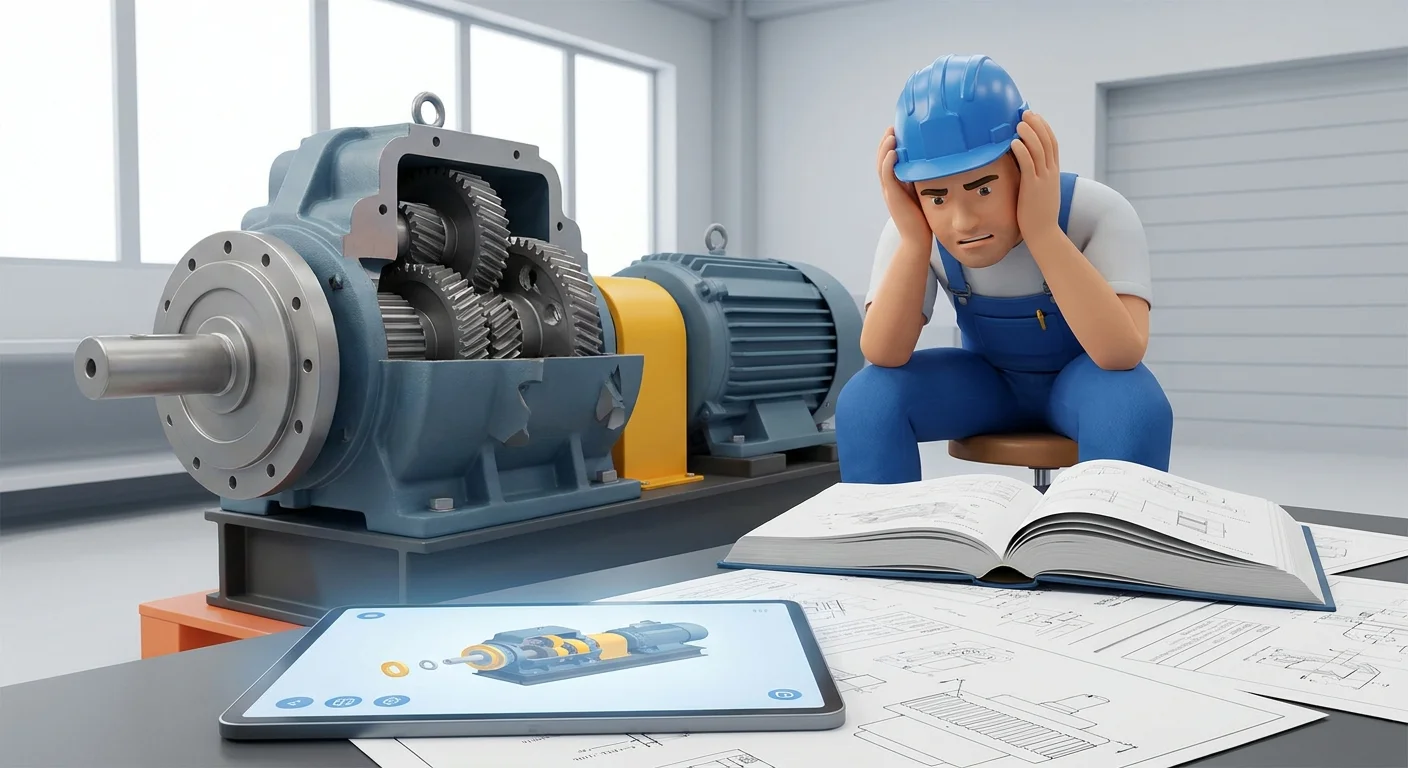 A frustrated field technician holding a digital tablet while looking confused at a massive, complex piece of industrial machinery.