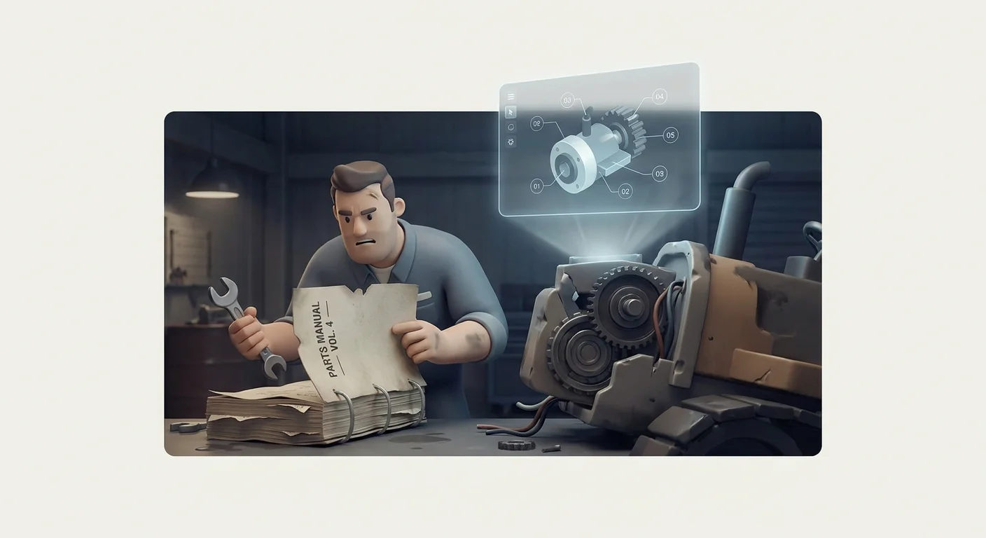 A frustrated mechanic in a dimly lit, greasy garage struggling to read a thick, torn paper manual next to a piece of broken heavy equipment.