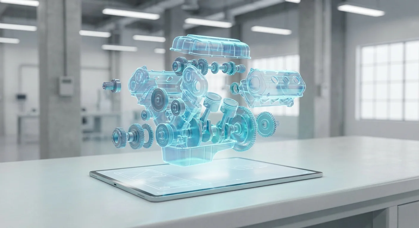 A glowing, futuristic 3D hologram of an exploded engine assembly hovering slightly above a sleek tablet screen in a modern factory setting.