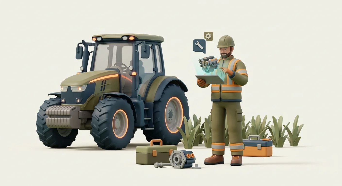 A field service technician in rugged gear standing in a remote agricultural field, checking an interactive 3D model on a mobile tablet offline next to a massive tractor.