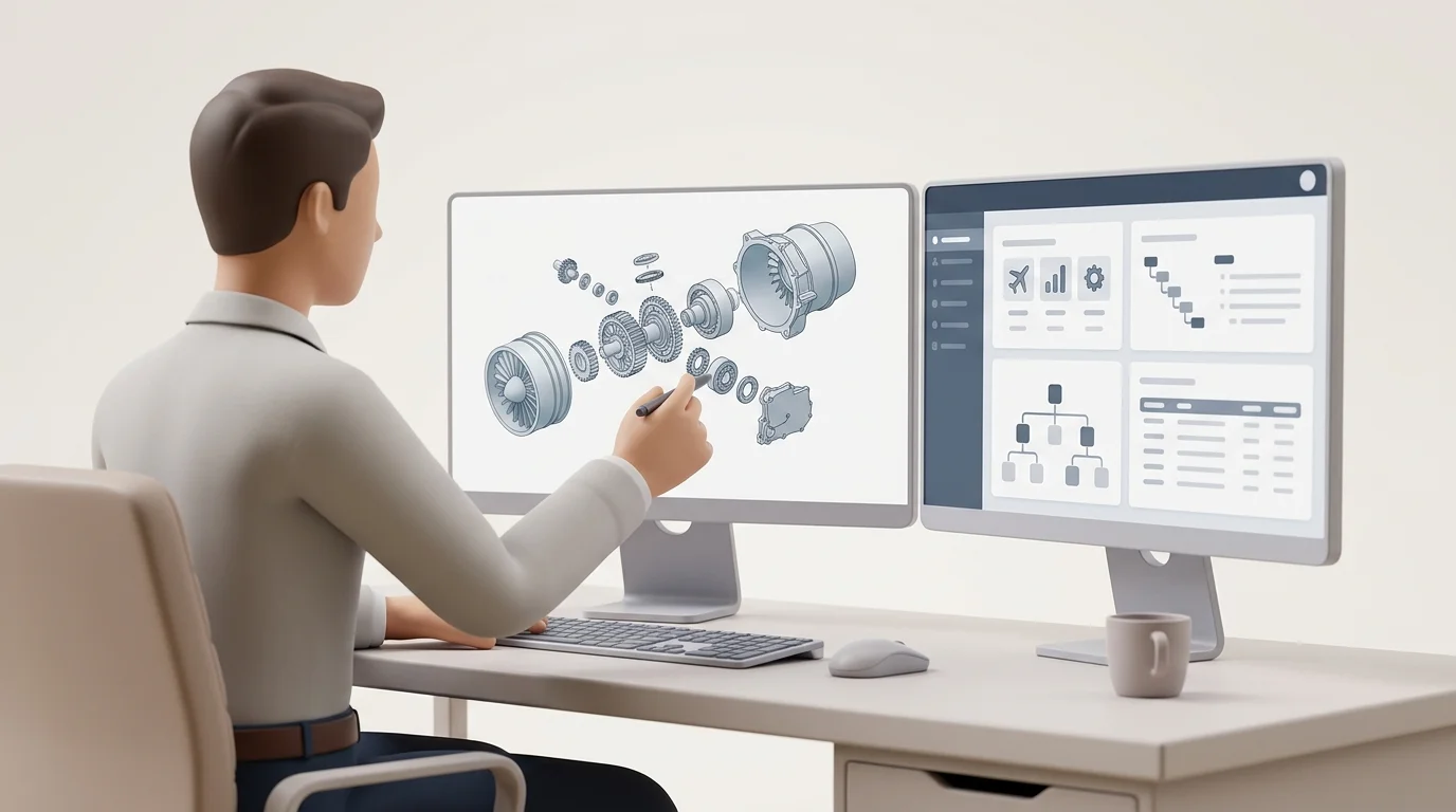 An aerospace parts specialist at a dual-monitor workstation selects a component in an exploded assembly and sees its applicability, replacement path, and order-ready record beside it.