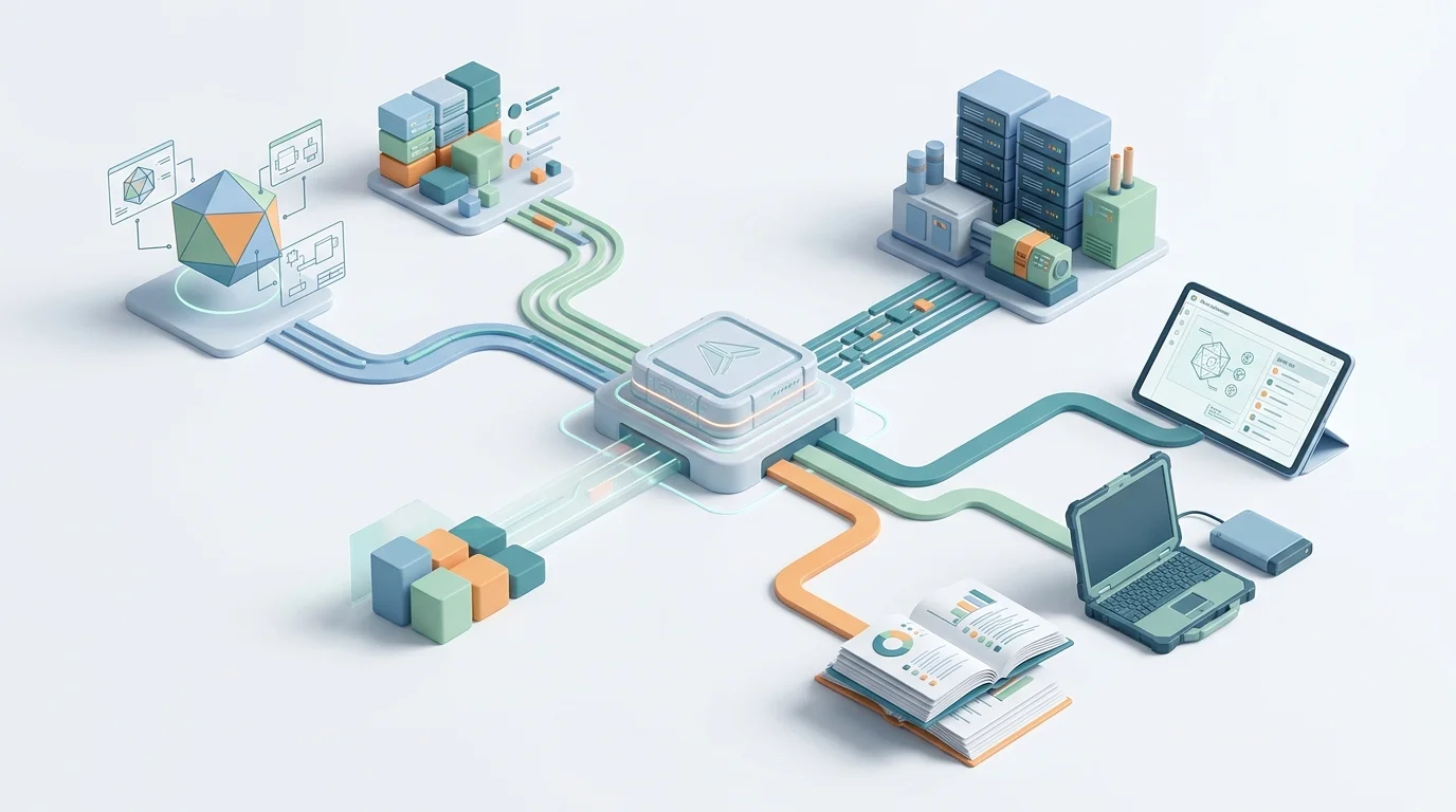 A clean editorial data-flow illustration shows CAD and PIM data becoming a governed parts catalog that feeds ERP, web, mobile, offline, and PDF channels.