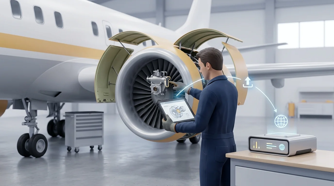 A field-service technician in a remote hangar uses a tablet to identify a component offline, then synchronizes the catalog when connectivity returns.