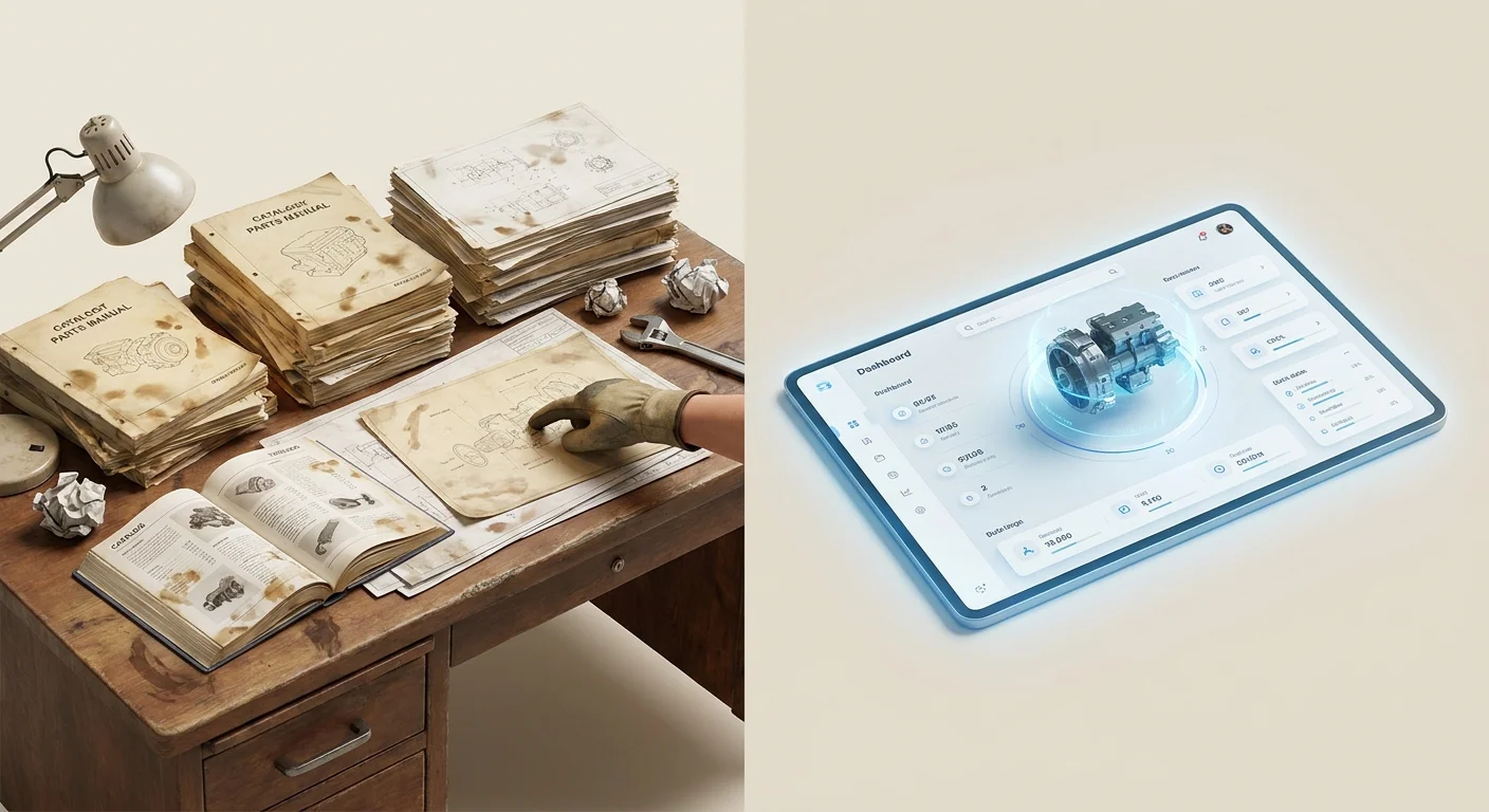 A side-by-side visual of a cluttered desk covered in grease-stained paper parts manuals next to a sleek, modern digital dashboard displaying a rotating 3D machinery component.