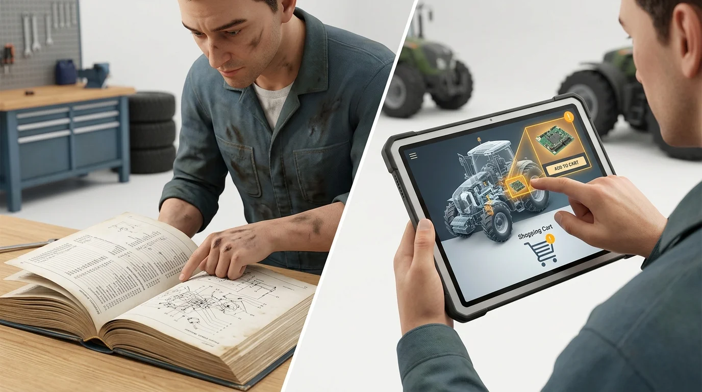 A split-screen workshop scene contrasts a paper parts manual with a technician selecting a schematic callout, confirming a replacement part, and adding it to a cart.