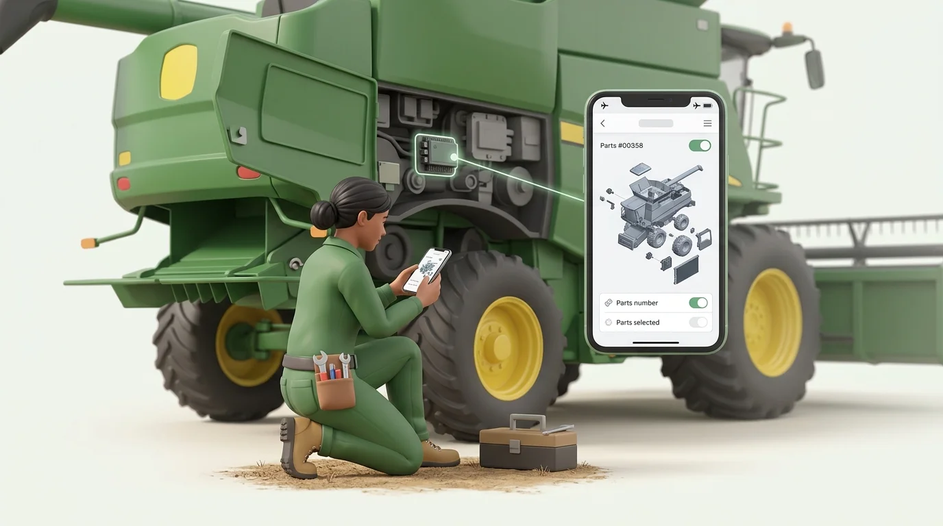 A field service technician beside a combine uses a smartphone in airplane mode to identify a component from a mobile agriculture parts catalog.