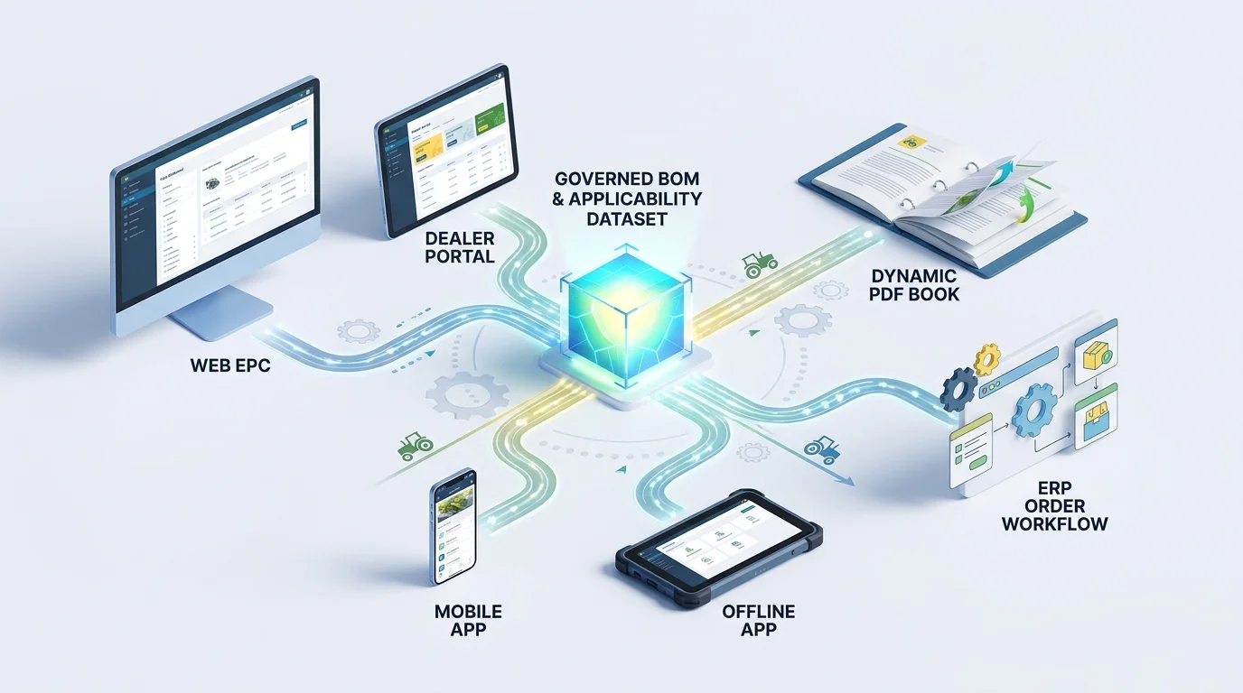 A clean data-flow diagram shows one governed BOM and applicability dataset feeding a web EPC, dealer portal, mobile and offline app, dynamic PDF book, and ERP order workflow.