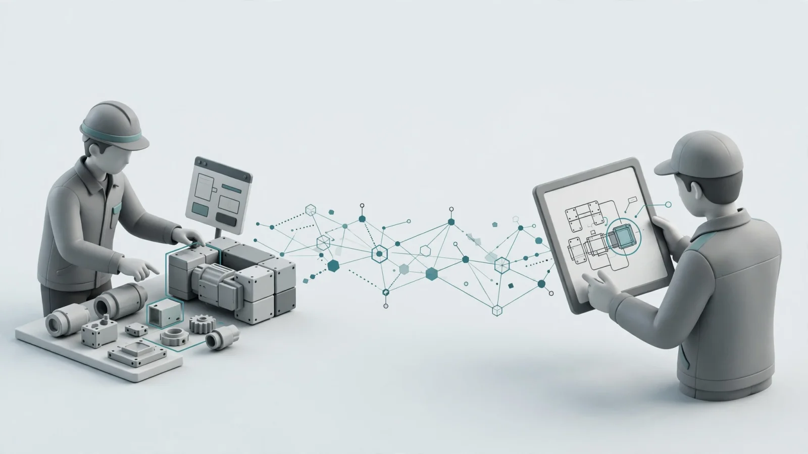 A split lifecycle scene showing an OEM engineer selecting equipment options on one side and a field technician identifying a replacement component from a tablet on the other, connected by shared structured data with no on-image text.