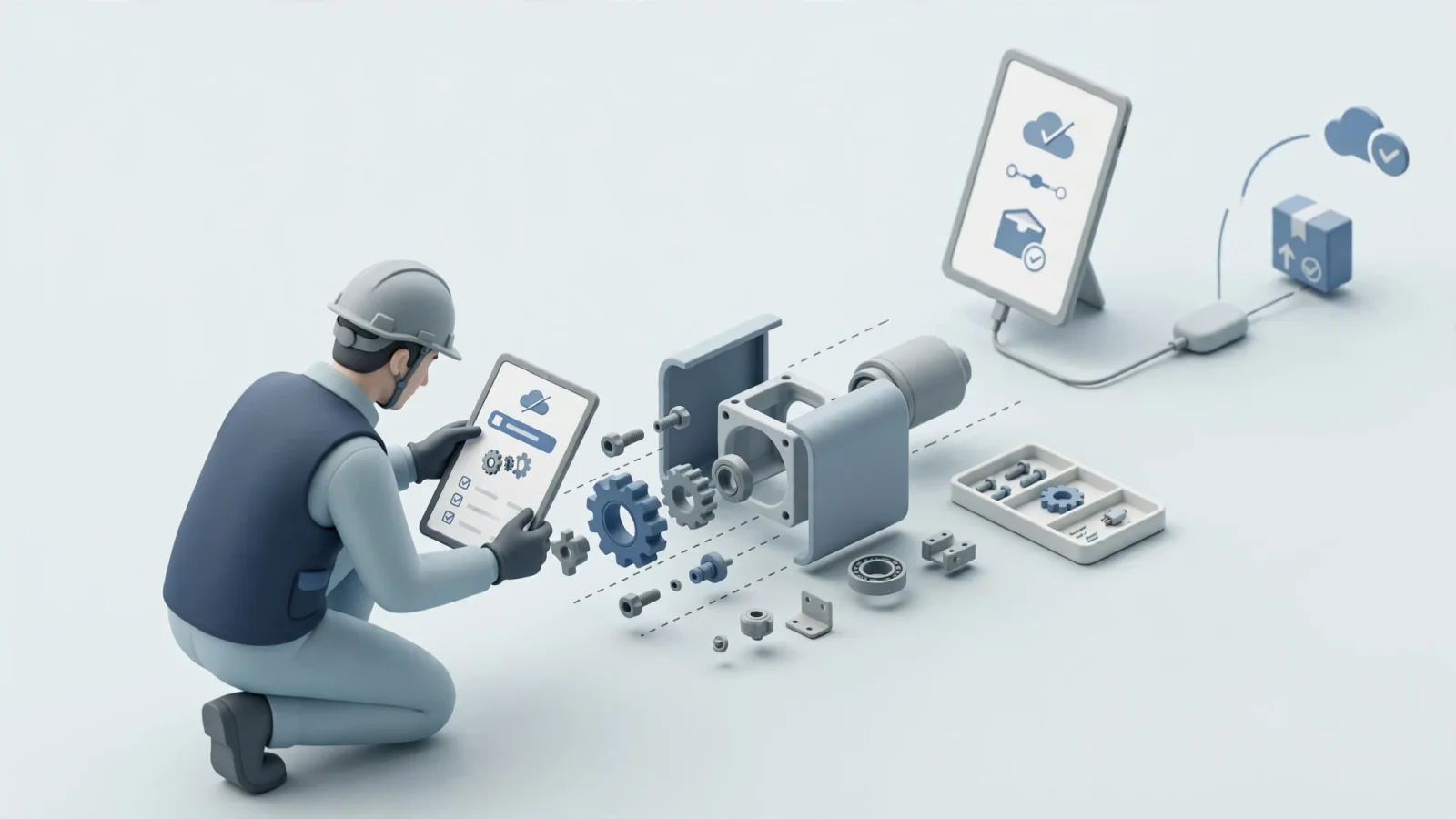 A field technician at a remote equipment site using a tablet without connectivity, followed by a later reconnection and synchronization scene that clarifies the boundary between offline lookup and online ordering, with no on-image text.
