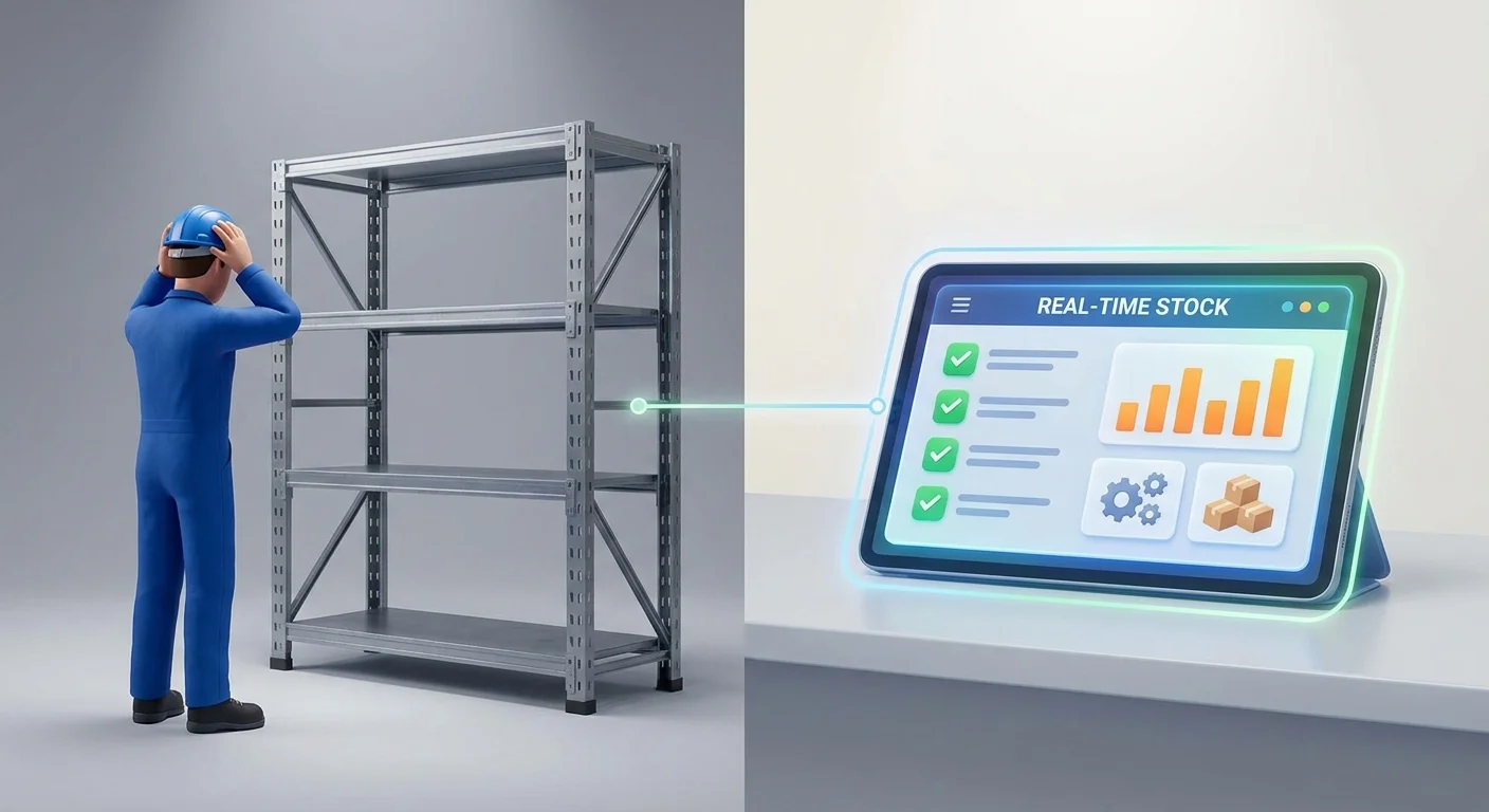 A split screen showing a frustrated parts dealer staring at an empty warehouse shelf on one side, and a modern digital dashboard glowing with real-time stock data on the other.