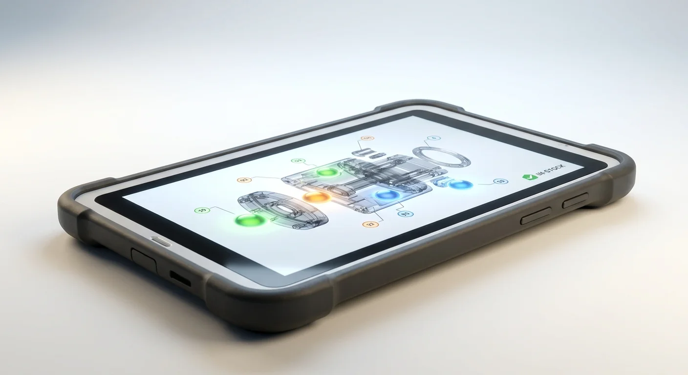 A close-up of a rugged tablet screen displaying an interactive 3D mechanical schematic with brightly colored, clickable availability hotspots indicating in-stock parts.