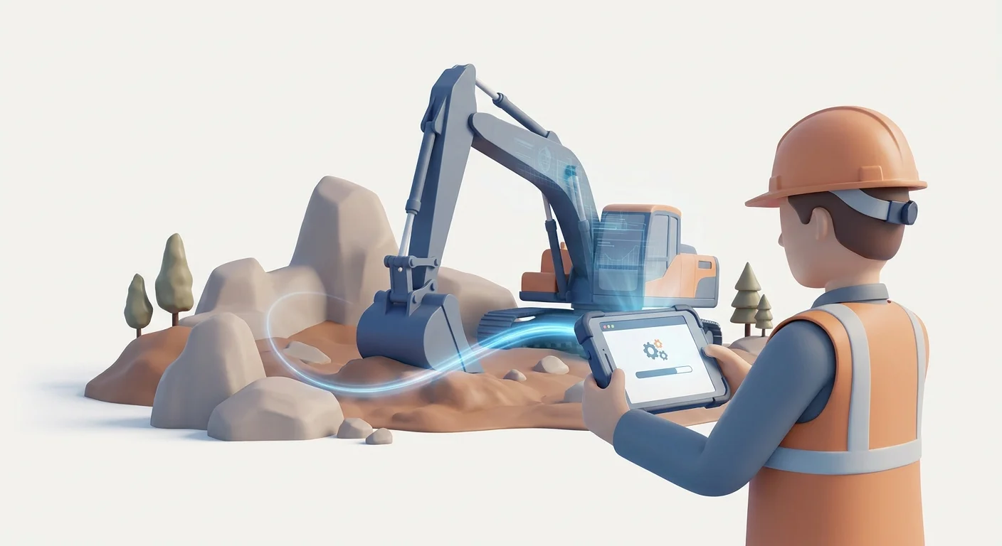 A field service technician in a remote, rugged outdoor industrial setting using a mobile device to scan heavy machinery.