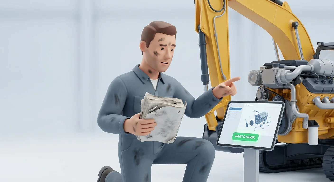 A frustrated service technician comparing a dirty, complex paper manual to a modern piece of heavy machinery in a repair bay.