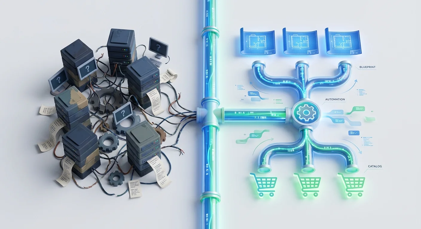 A split-screen visual metaphor showing a tangled, chaotic web of data silos on one side and a streamlined, glowing digital pipeline connecting blueprints to shopping carts on the other.