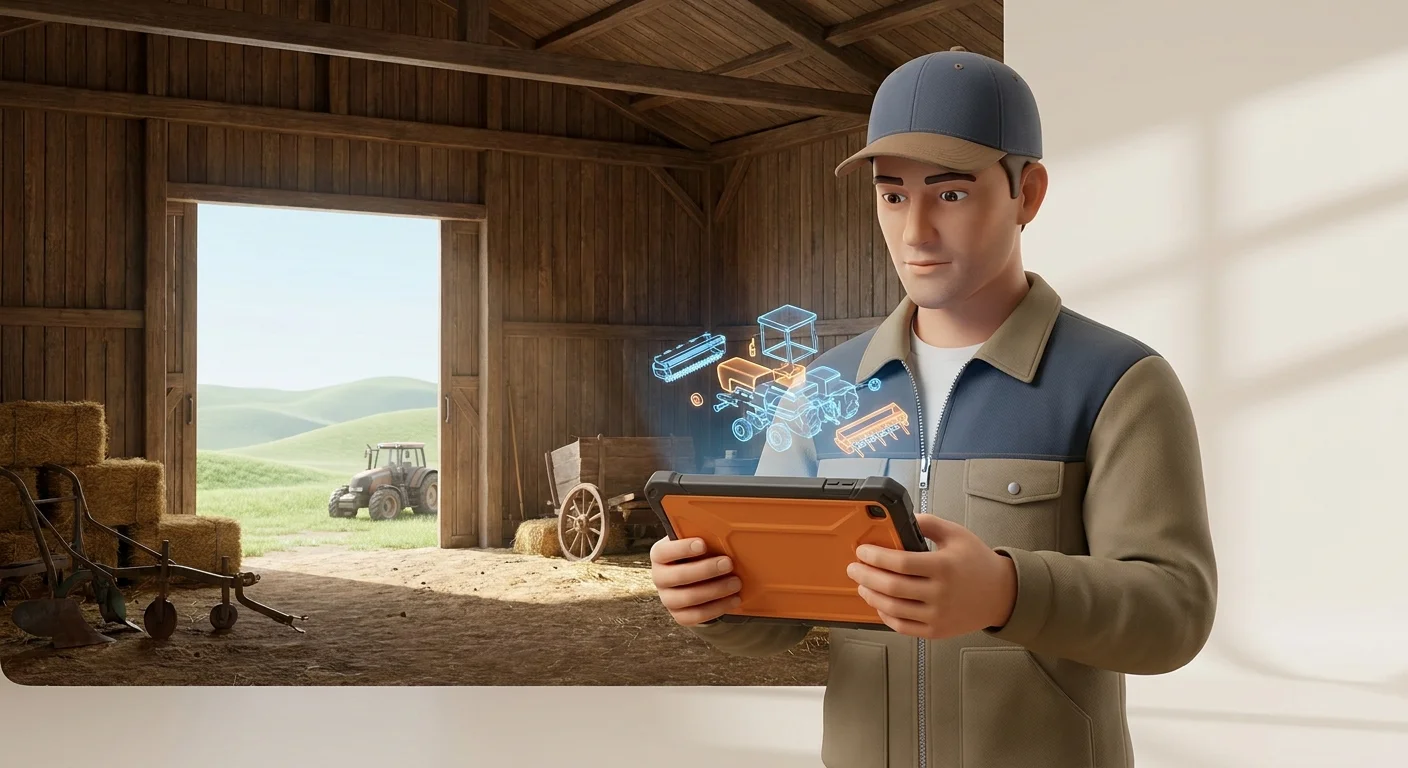 A maintenance worker in a rural, disconnected agricultural setting using a rugged tablet to confidently view a 3D machinery schematic.