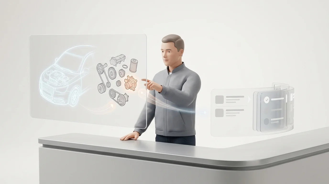 A service technician at a parts counter moves from a vehicle or machine identifier to a highlighted parts diagram and an order queue; request no text.