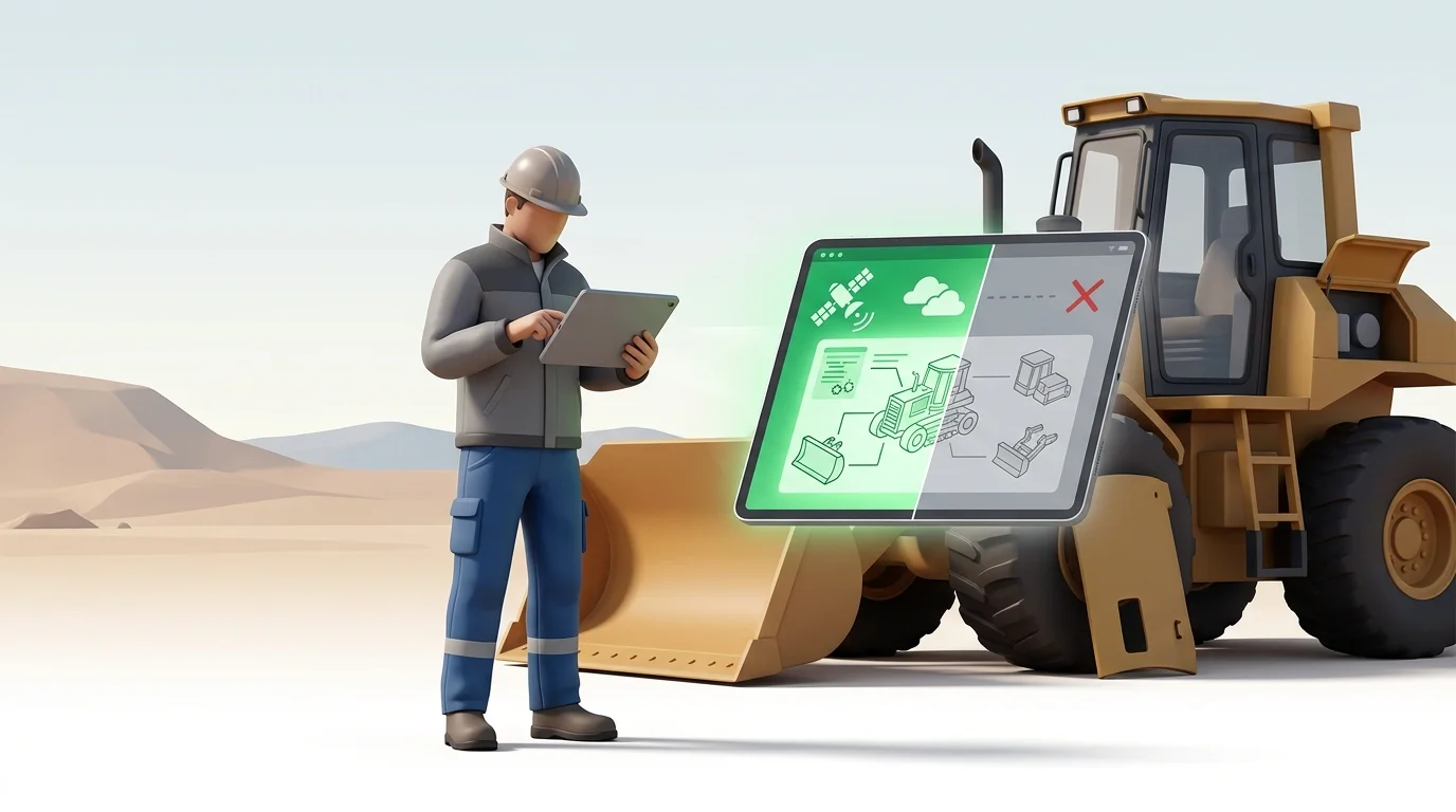 A field-service technician uses a tablet beside heavy equipment in a remote location, visually contrasting connected and offline parts lookup; request no text.