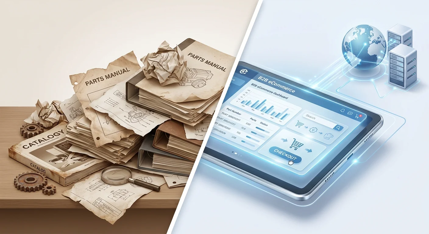 A split-screen conceptual illustration showing a messy pile of outdated paper parts manuals on one side, and a sleek, illuminated digital B2B eCommerce dashboard on the other.