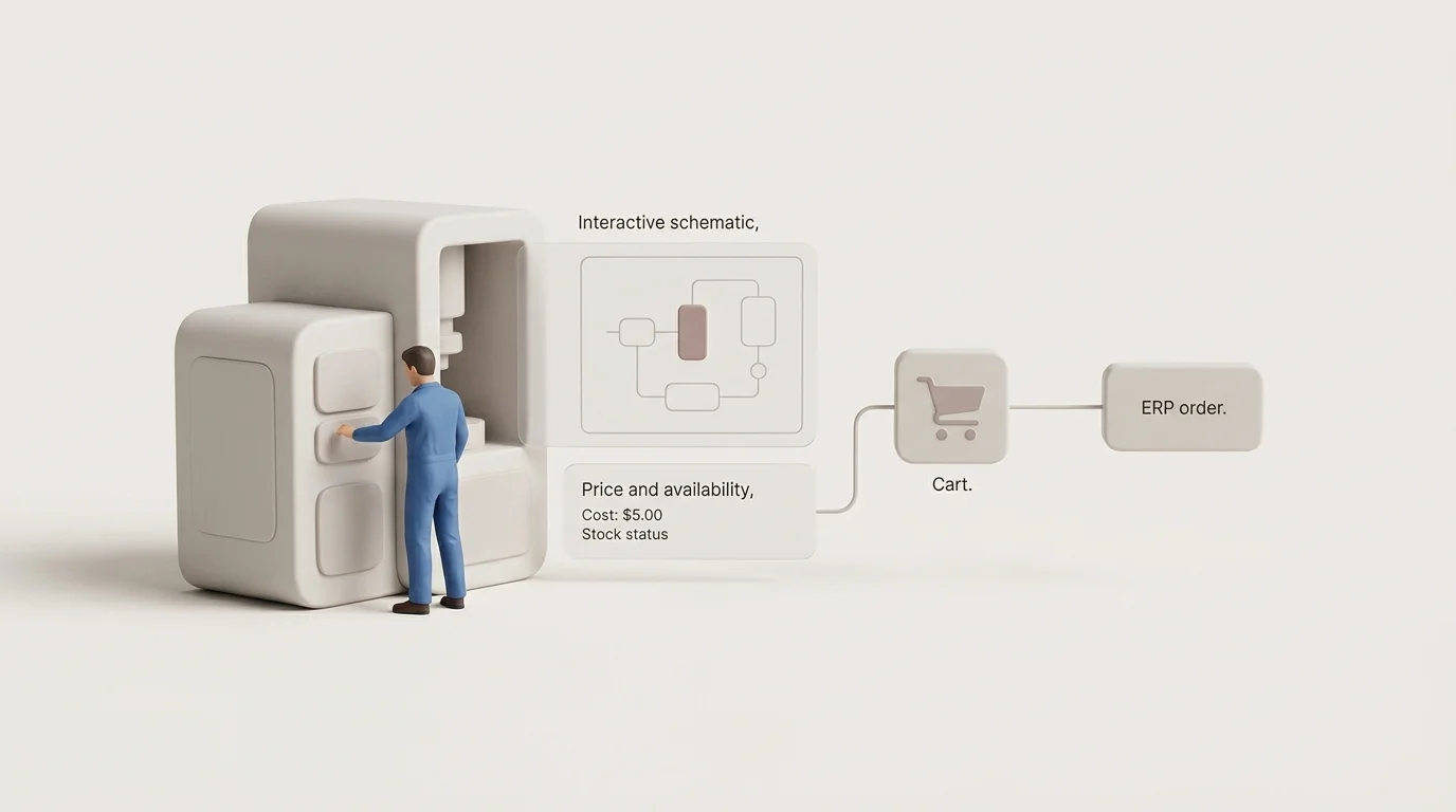 Opening workflow illustration: a wide landscape diagram shows a dealer or technician moving from an equipment model to an interactive schematic, selected part, account-specific price and availability, cart, and ERP order, using only the labels "Equipment model," "Interactive schematic," "Price and availability," "Cart," and "ERP order."