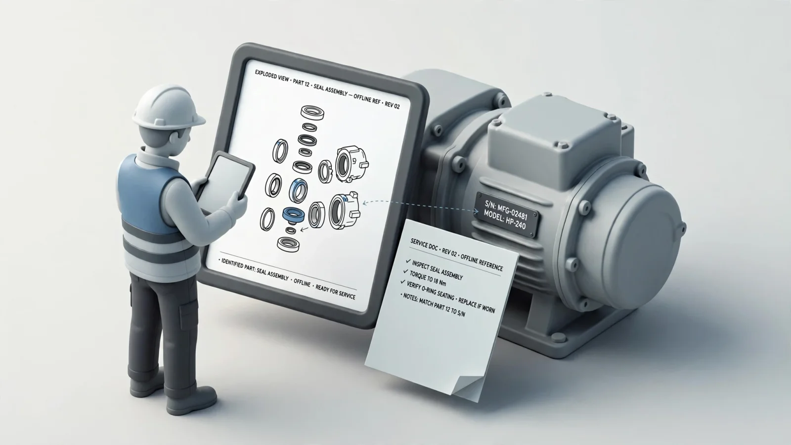 Field-service illustration: a wide landscape scene shows a technician using a tablet beside heavy equipment at a remote worksite, viewing an offline exploded parts diagram and service document, with no decorative text.