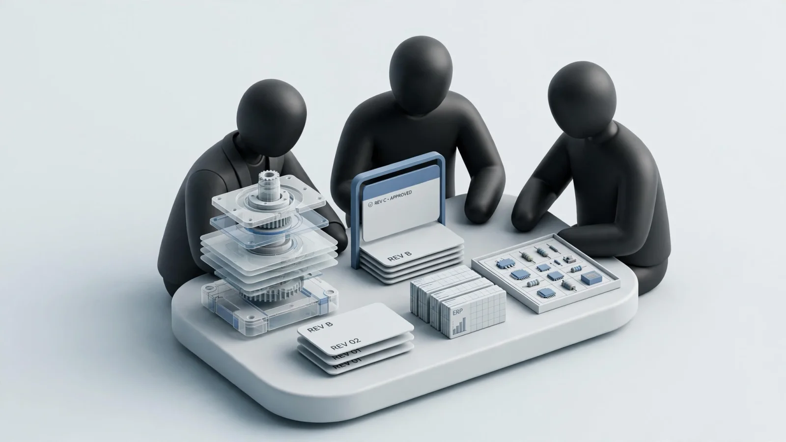 Data-governance illustration: a wide landscape scene shows an OEM product-data team reviewing CAD, PLM, ERP, and electronic-parts-catalog revisions before publishing a controlled update, with no decorative text.