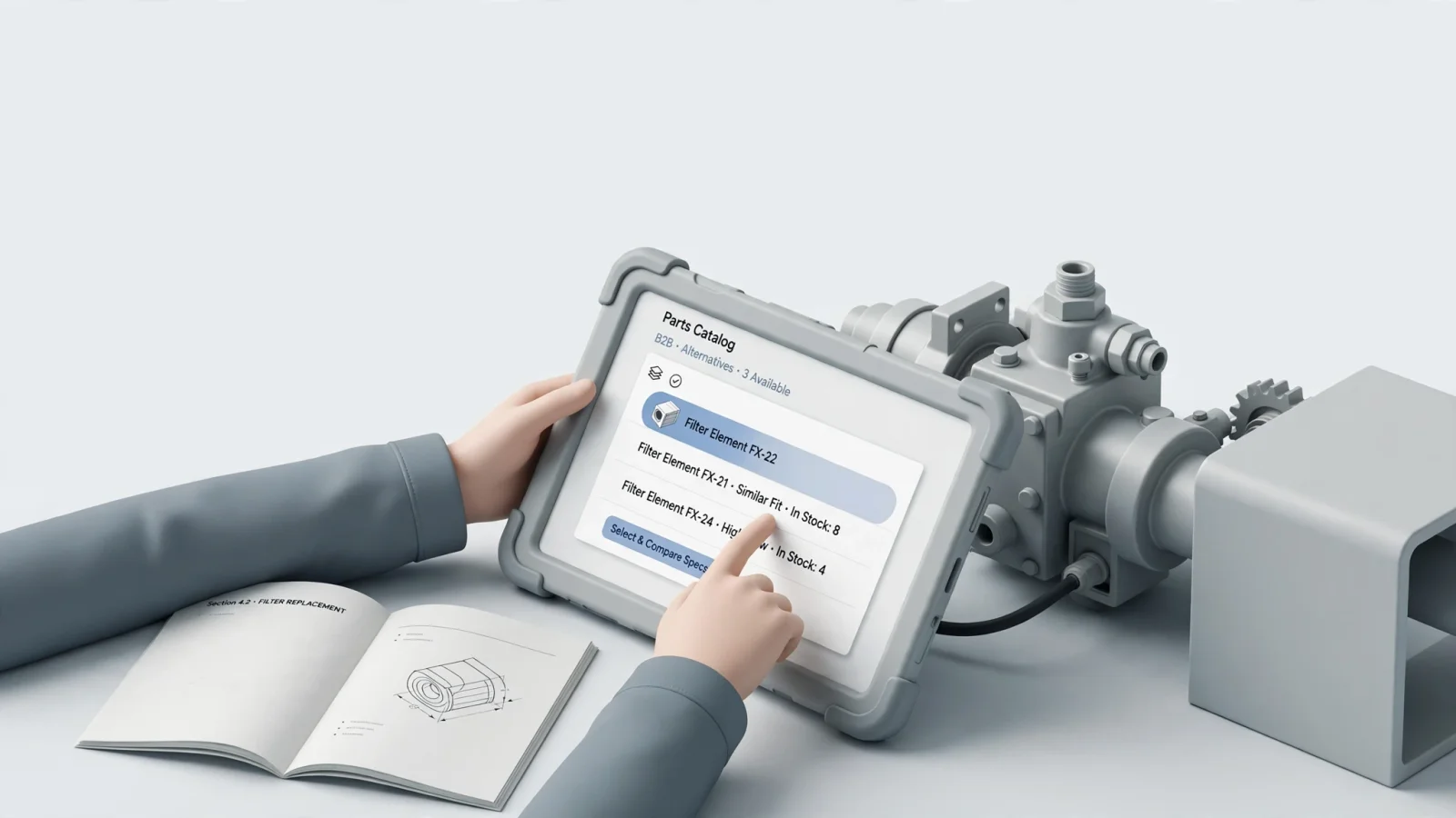 A field service technician at a remote equipment site uses a rugged tablet to identify a component in an interactive parts catalog while a paper manual rests beside the machine.