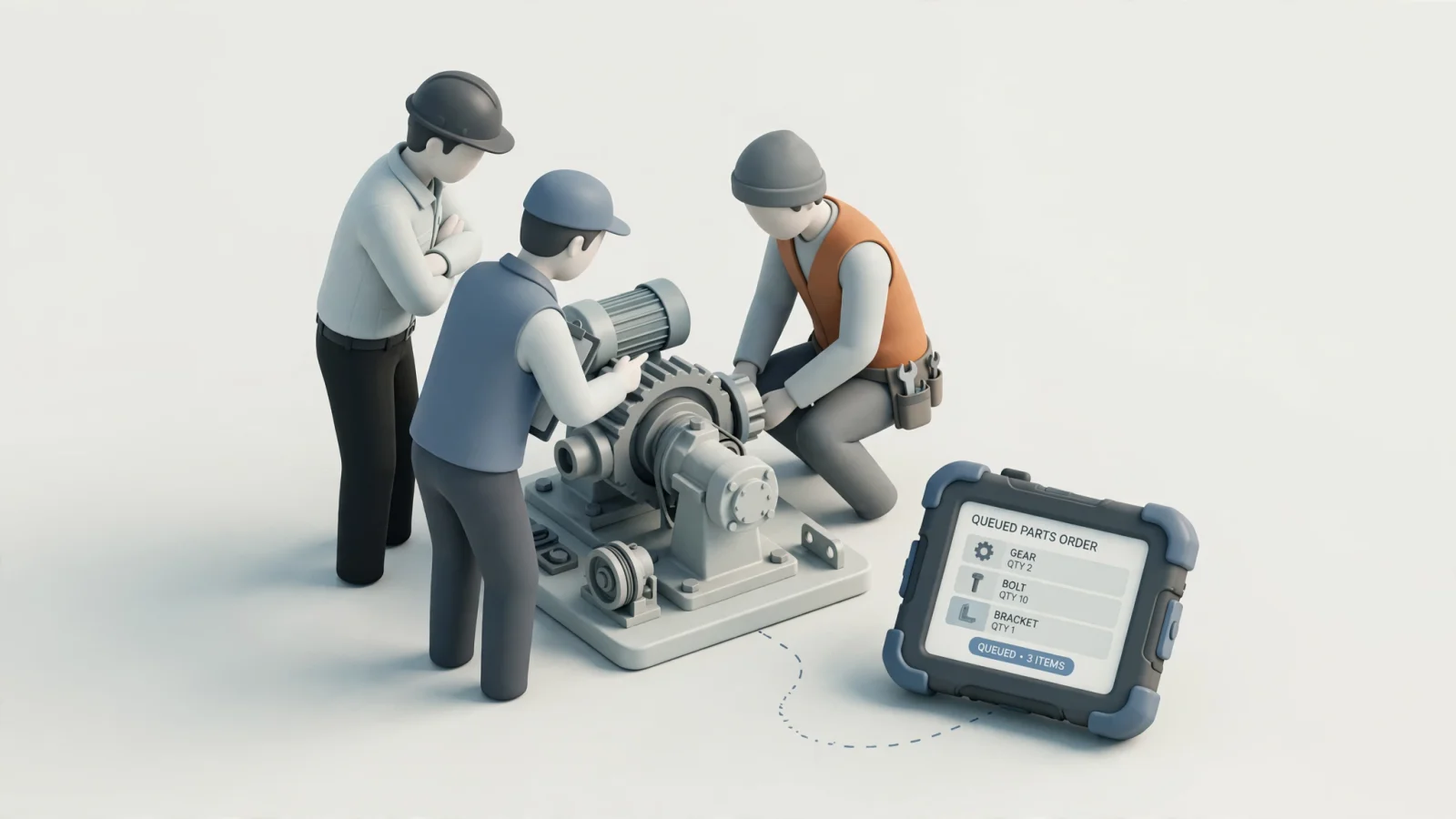 An OEM, dealer, and field-service manager run a vendor demonstration around a real machine assembly while one disconnected device queues a parts order for later synchronization.