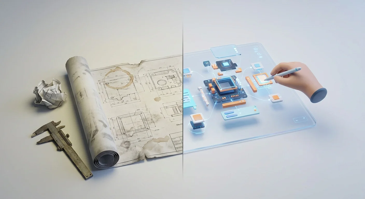 A split-screen visual showing a smudged, confusing 2D blueprint on one side and a glowing, clickable 3D equipment assembly on the other.
