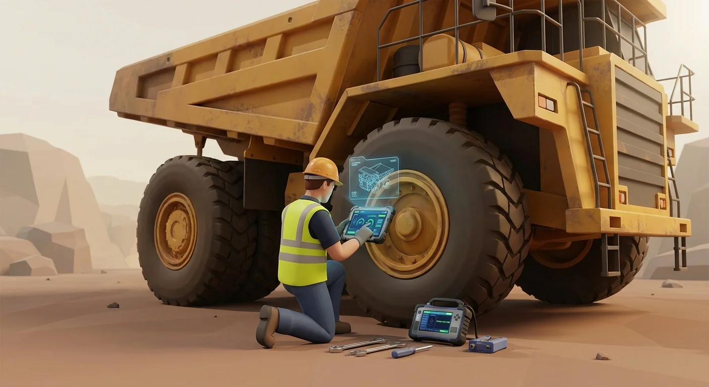 A field service technician repairing a massive yellow mining haul truck in a dusty, remote quarry using a rugged tablet computer.