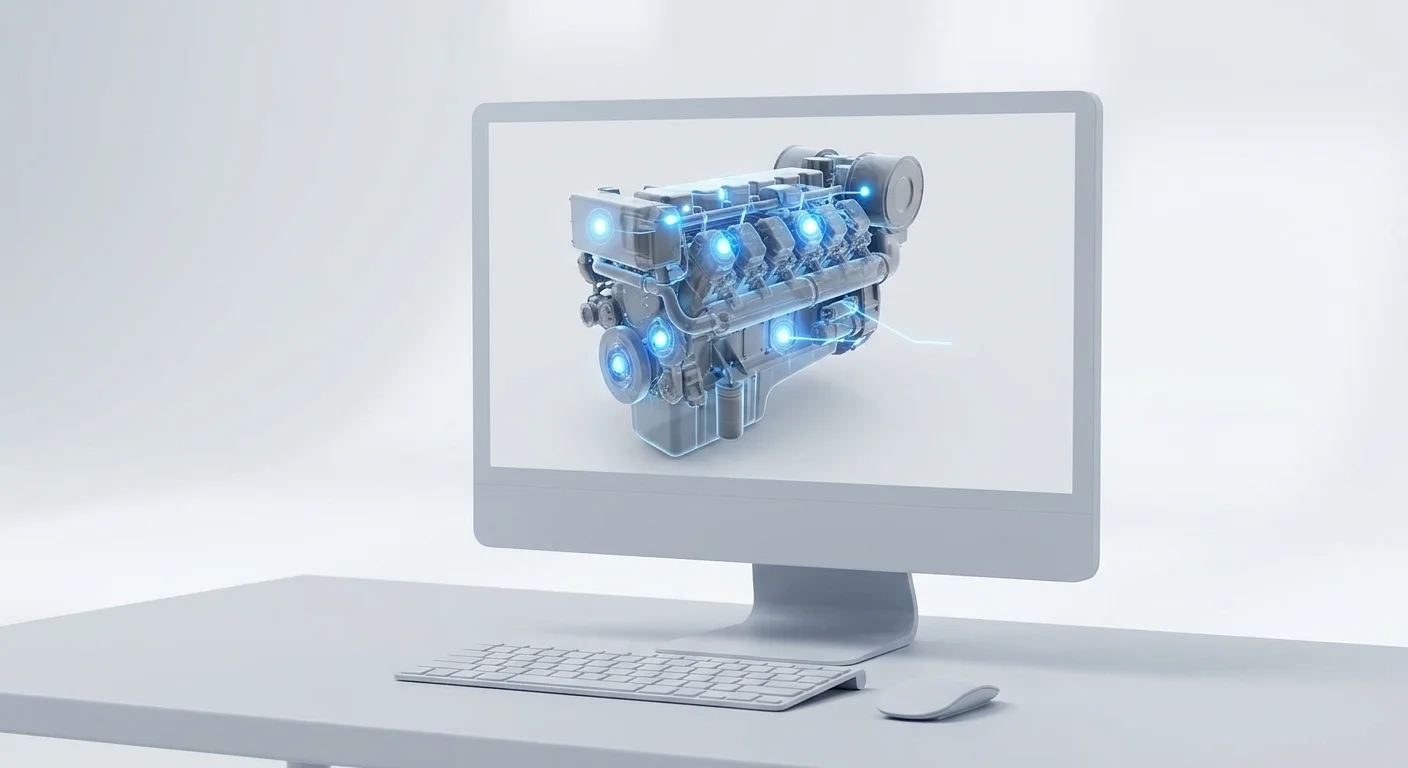 A close-up of a digital computer monitor displaying an interactive 3D model of an industrial engine with glowing blue hotspots highlighting individual components.