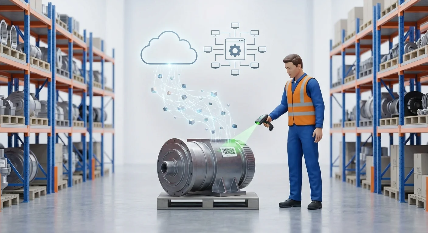 A modern industrial parts warehouse with a warehouse worker scanning a part barcode, symbolizing real-time ERP inventory synchronization.