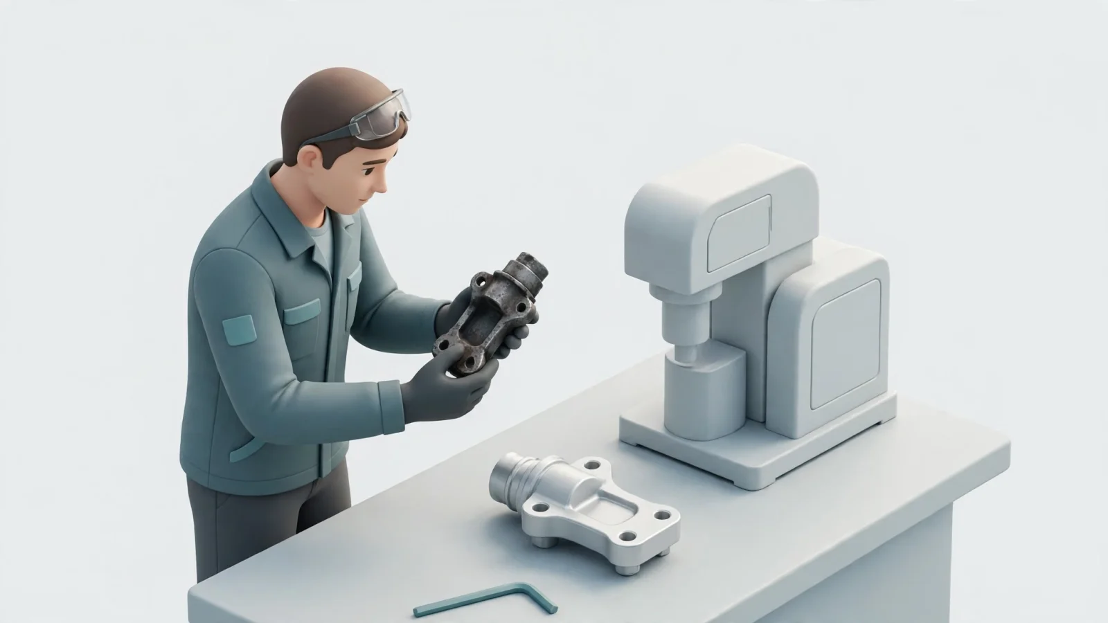 A field technician beside heavy equipment compares a worn component with a potential replacement, capturing the repair-or-replace decision in its real service context.