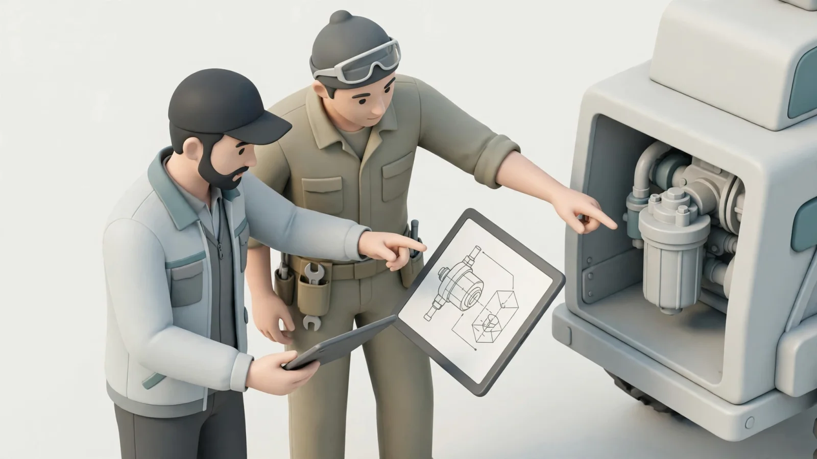 A dealer parts specialist and field technician consult a tablet beside equipment in a remote service area, showing how digital parts lookup supports work in the field.