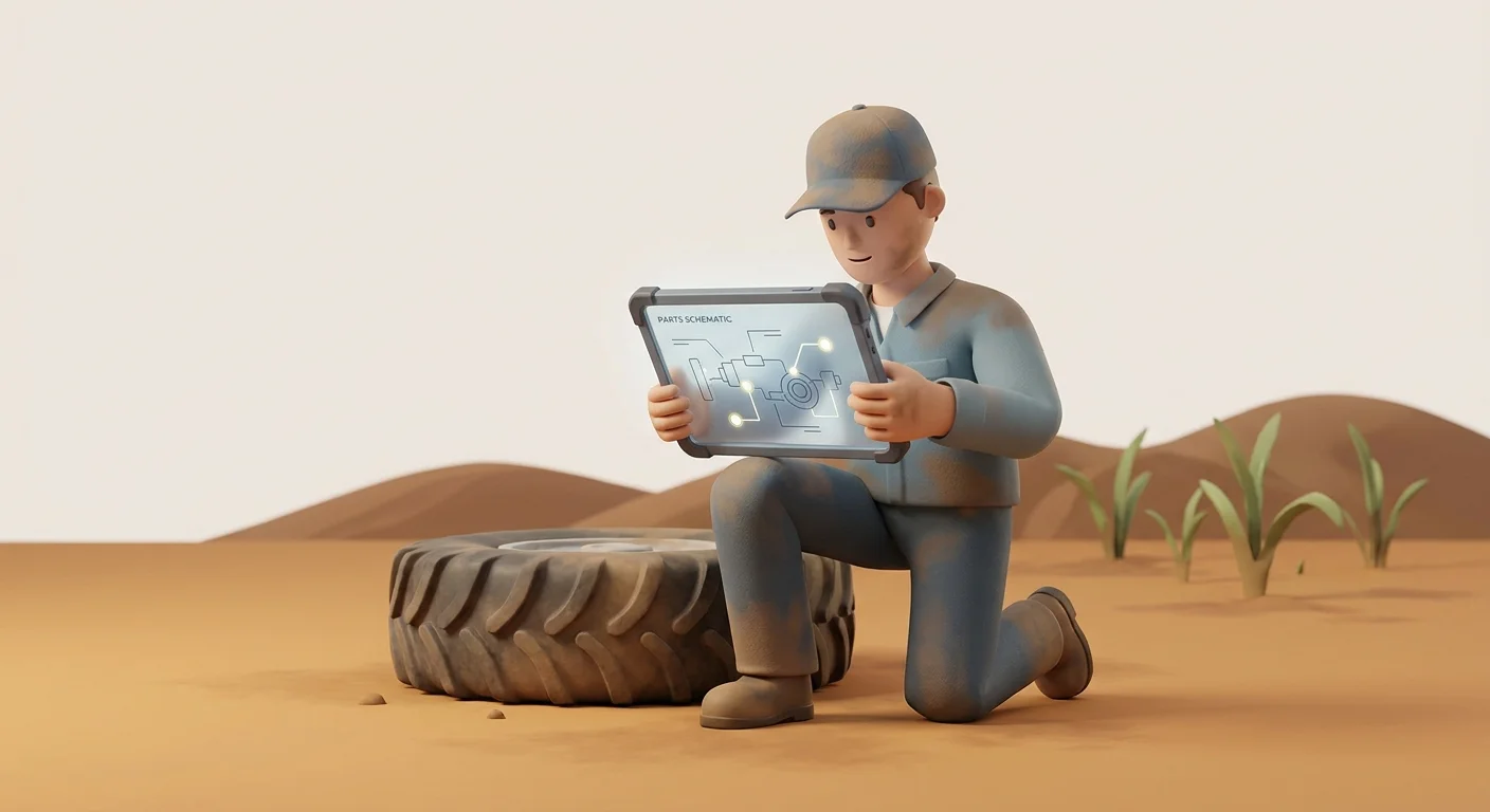 A field technician in a remote, dusty agricultural setting looking at an interactive parts schematic on a rugged offline tablet.