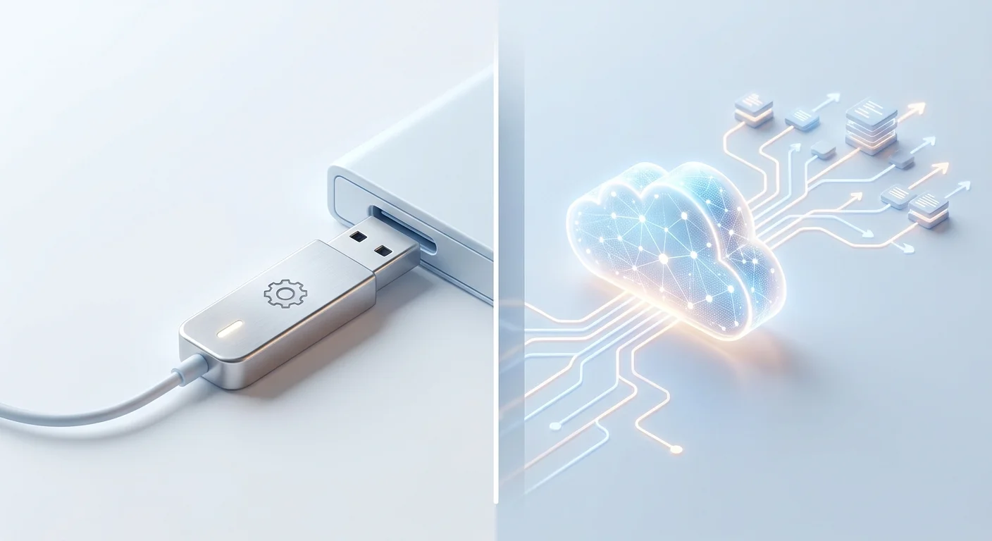 A side-by-side split view metaphor showing a physical USB drive representing offline access next to a glowing cloud representing SaaS deployment.