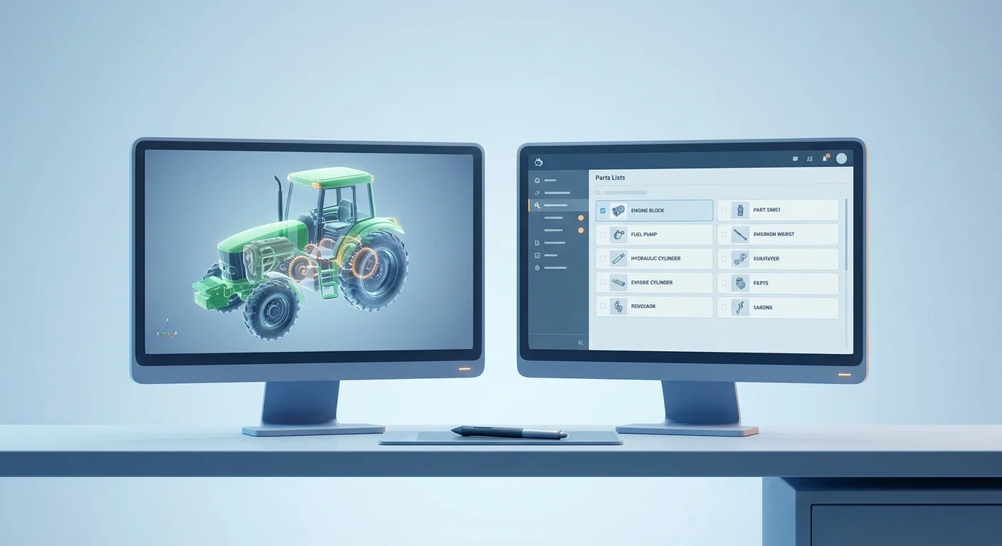 A dual-screen engineering workspace showing a 3D tractor model on one screen and an automated, itemized parts list on the other.