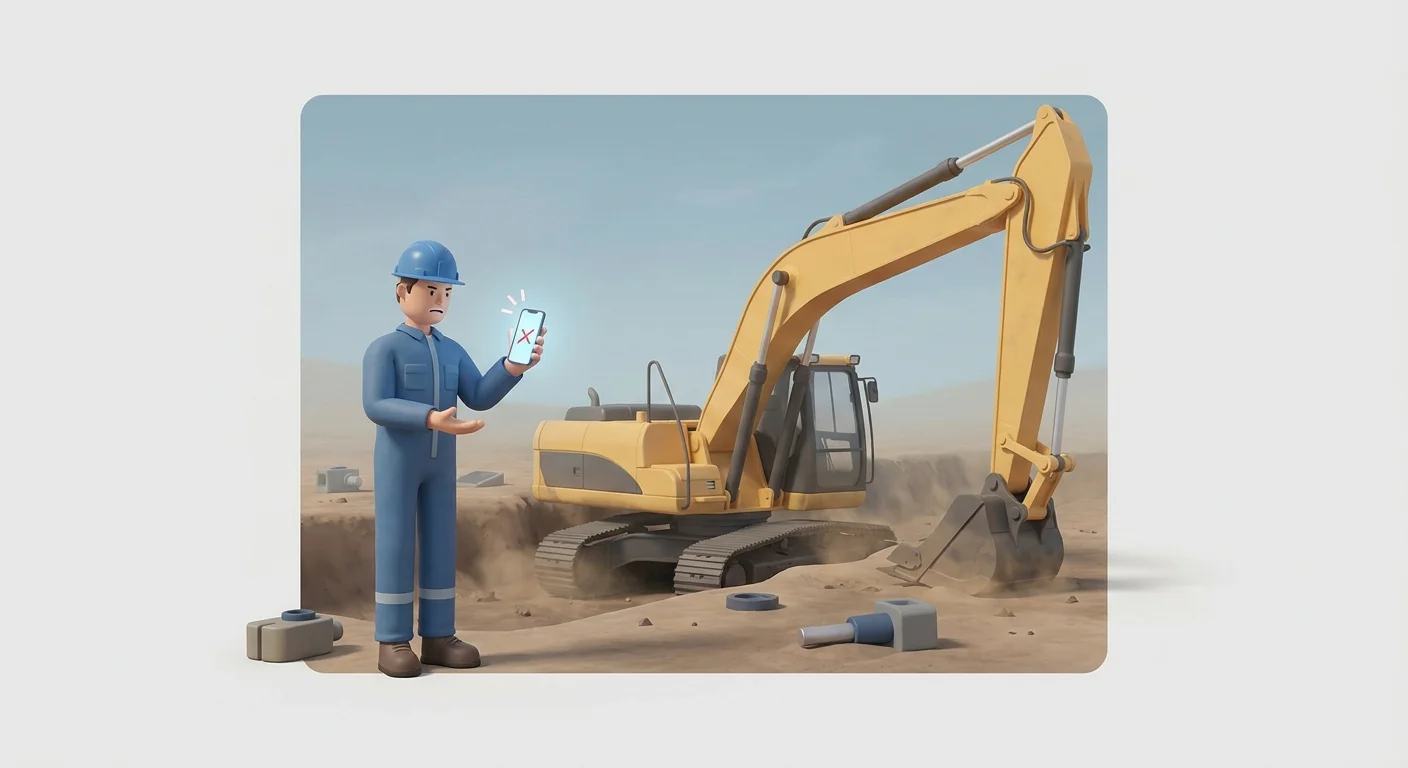 A frustrated heavy equipment technician holding a smartphone next to a broken excavator in a remote dirt trench.