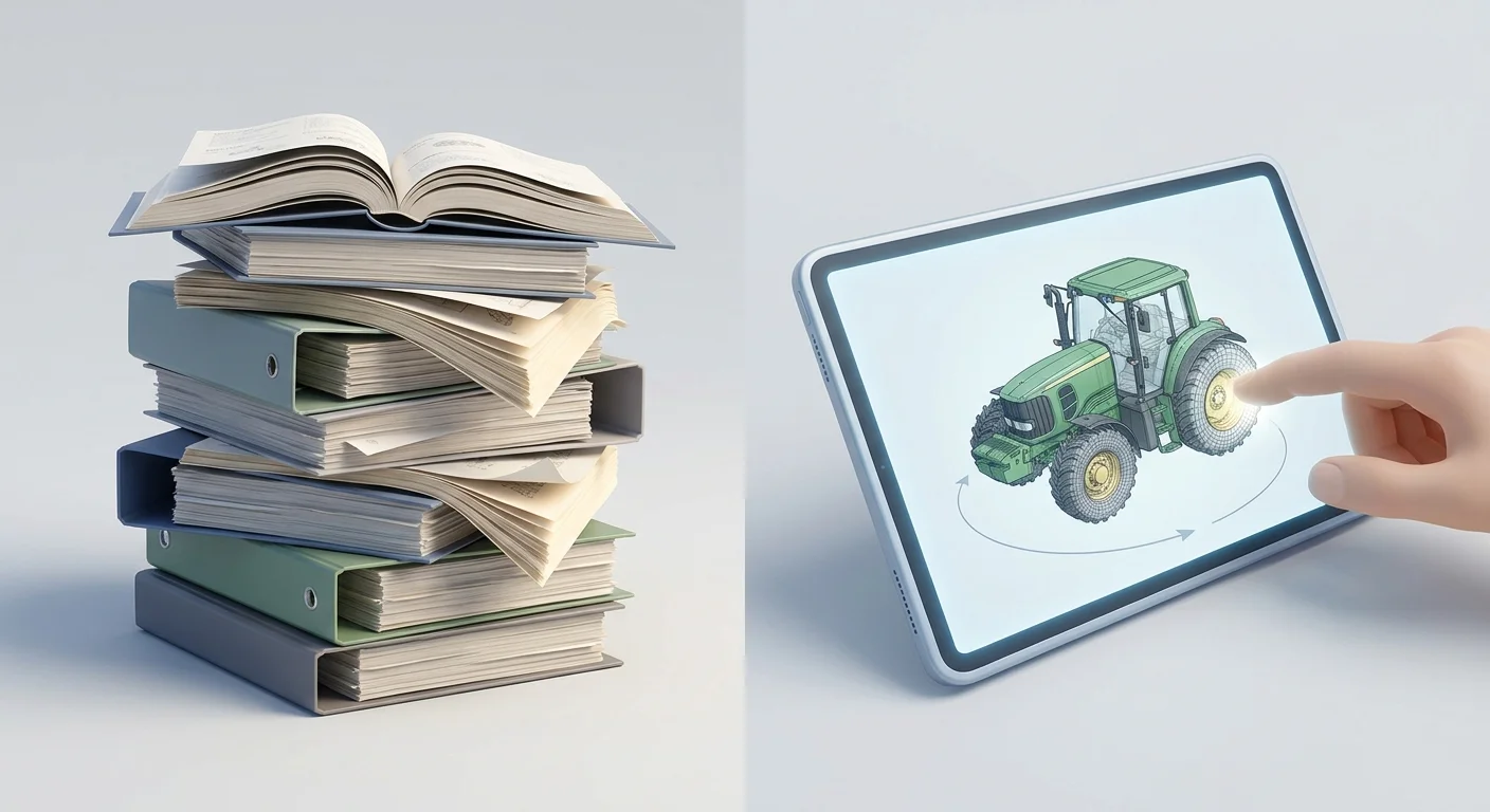 A split view comparing a messy, towering stack of paper catalogs next to a glowing tablet showing a rotating, interactive 3D tractor schematic.