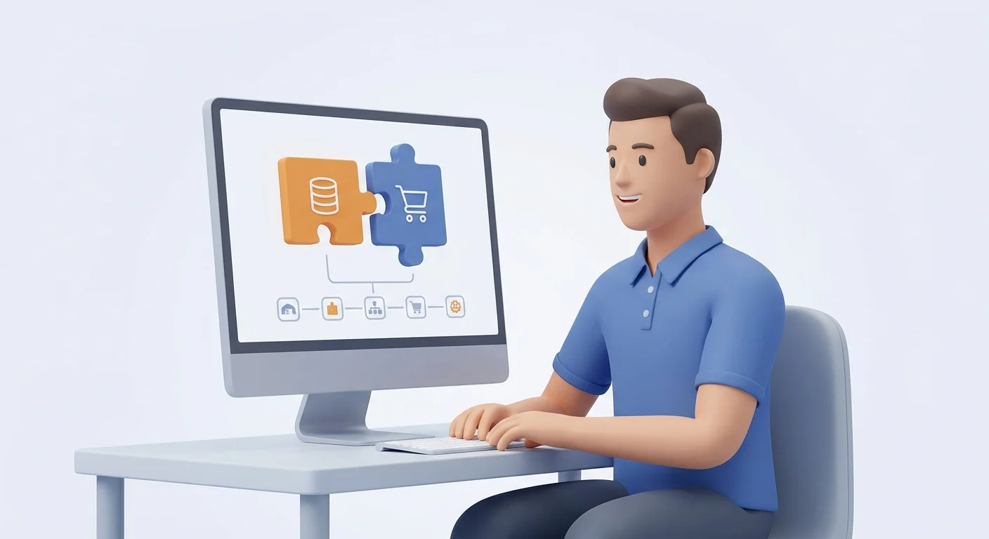 A warehouse manager smiling at a computer monitor that displays matching digital puzzle pieces connecting an ERP database icon to a digital shopping cart.