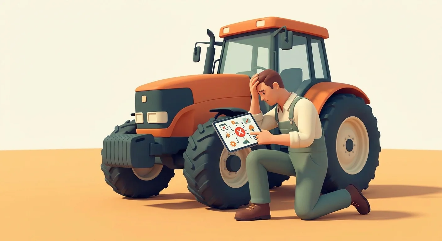 A frustrated field service technician looking at a tablet next to a massive piece of agricultural machinery in a remote, sunny field.