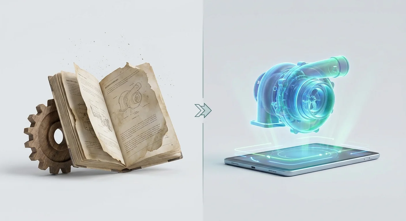 A split-screen metaphor showing a dusty, torn paper parts manual on one side and a glowing, interactive 3D holographic machine component on the other.
