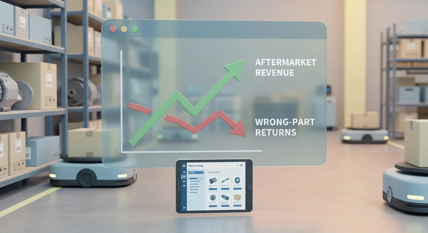 A dashboard chart overlaying an industrial warehouse, visualizing a steep upward trend in aftermarket revenue and a drop in wrong-part returns.