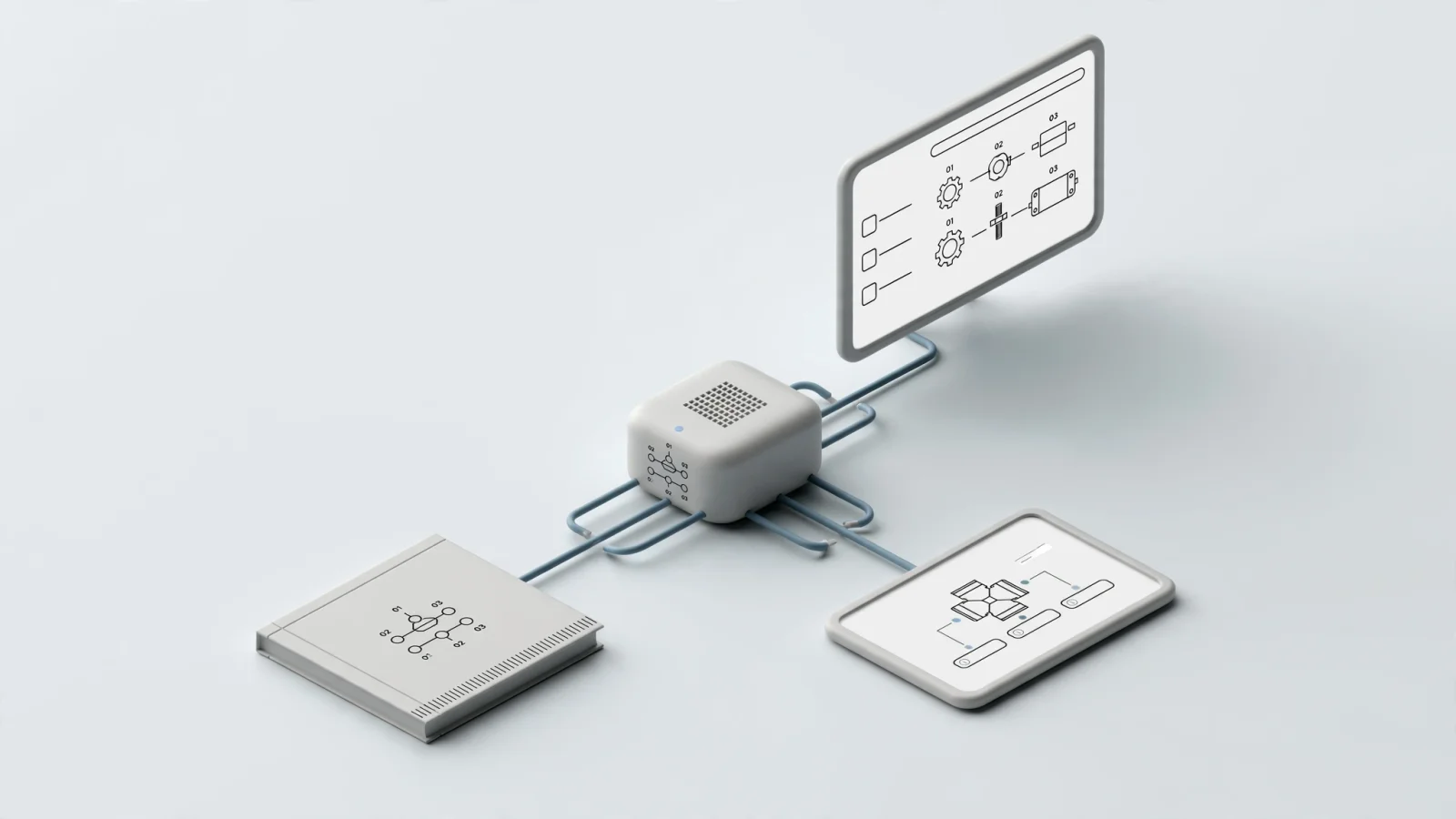 An equipment OEM team traces one structured product source into an interactive browser catalog, a technician’s tablet, and a branded printed parts book, with no decorative text.