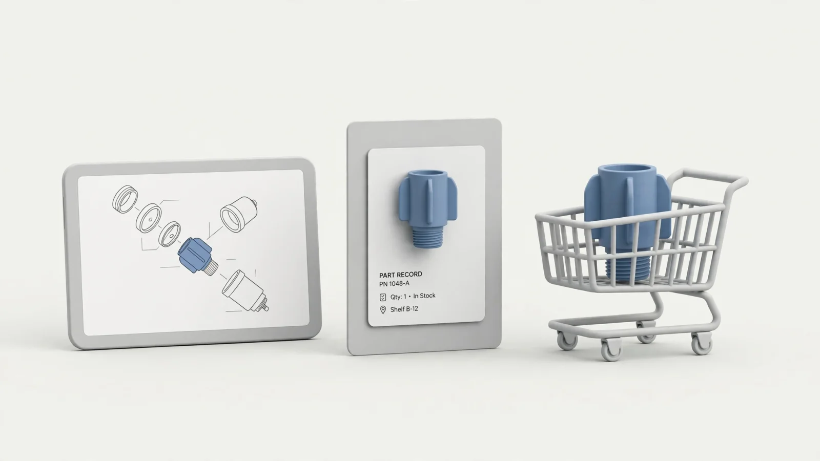 A dealer follows a replacement part from a visual schematic to its part record, availability and pricing details, and a connected shopping cart in a clear editorial workflow, with no text.