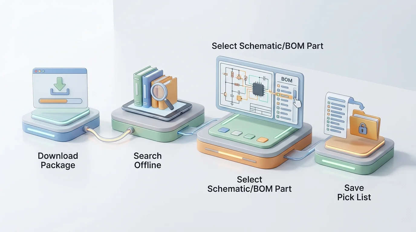 A concise workflow diagram showing "Download Package" → "Search Offline" → "Select Schematic/BOM Part" → "Save Pick List" → "Reconnect" → "Validate and Order".