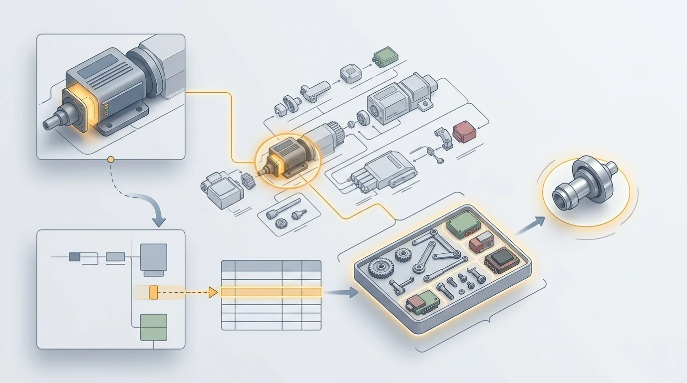 An original annotated equipment schematic showing a highlighted hotspot, its linked BOM row, expanded kit components, and a "Replacement Part" notice.