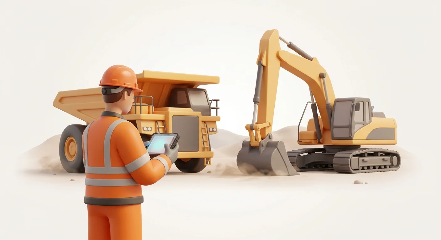 A field service technician in high-visibility gear holding a rugged tablet next to heavy mining equipment in a remote, dusty location.