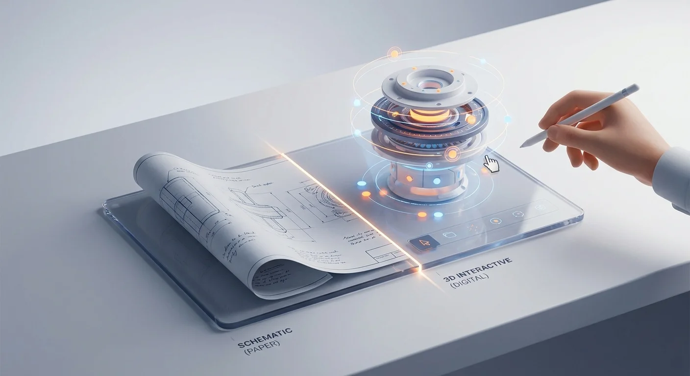 A digital split-screen showing a flat, static paper schematic transforming into a glowing, interactive 3D digital interface.