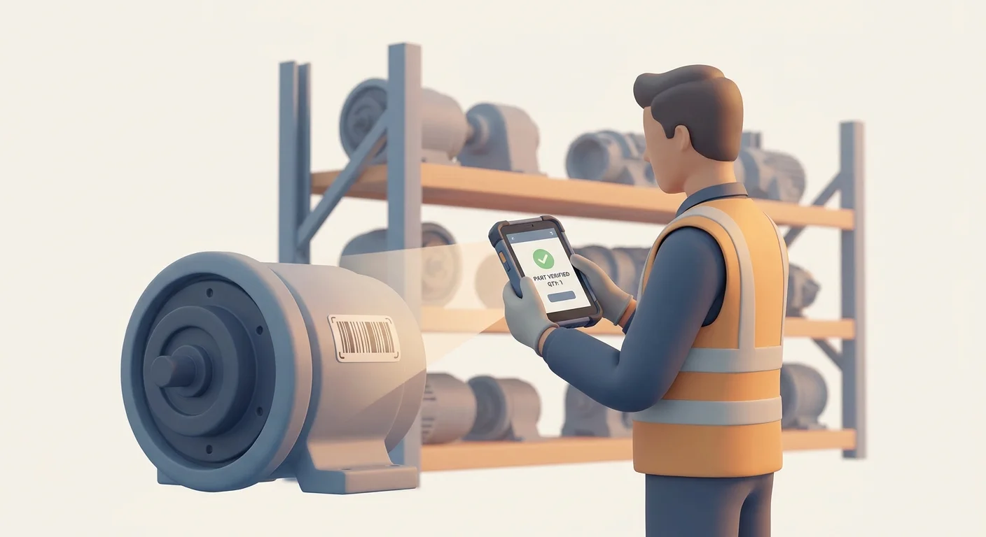 A warehouse worker scanning and verifying heavy machinery parts on a mobile device while standing in front of large industrial shelving.