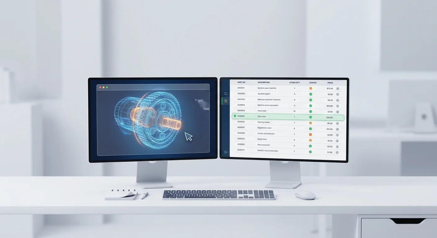 A dual-screen engineering workspace showing an interactive 3D machinery schematic on one monitor and structured ERP inventory data on the other.